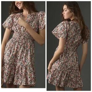 Anthropologie Somerset Tiered Short Sleeve Mini Dress White Multicolor Floral S